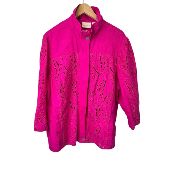 Chico's Pink Eyelet Linen Jacket Size XL 100% Linen - Picture 3 of 14